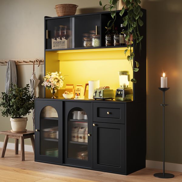 Buffetschrank 120 x 35 x 167 cm, schwarz, mit LED, Glasschiebetüren und verstellbaren Ablagen