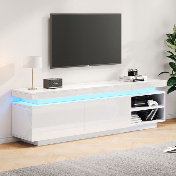 Hochglanz-TV-Schrank 170×35×50 cm für Fernseher bis 70 Zoll, mit LED-Beleuchtung, 2 Türen, 2 offenen Fächern