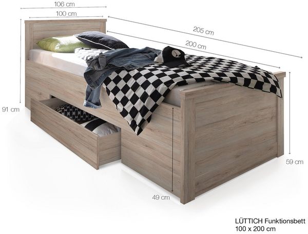 Moebel-Eins Futonbett, LÜTTICH Einzelbett 100x200 cm, Material MDF, Eiche sanremofarbig Bild 2