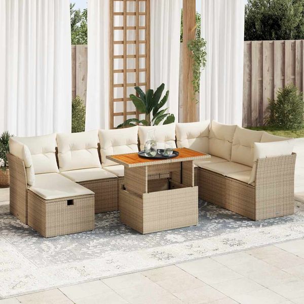 vidaXL 9-tlg. Garten-Sofagarnitur mit Kissen Beige Poly Rattan Akazie 3327989