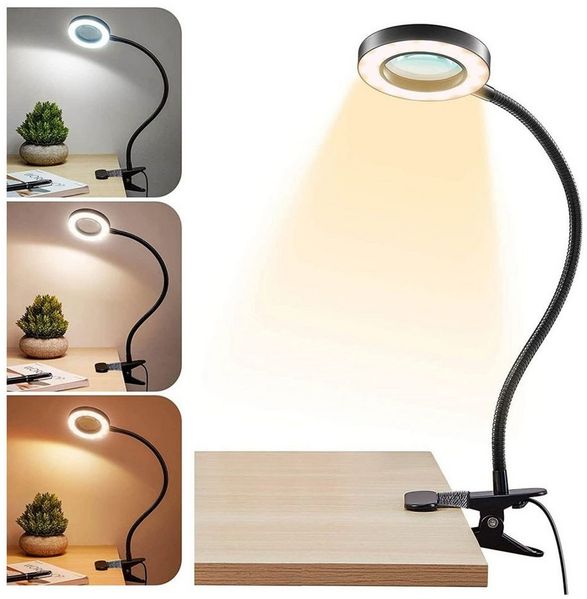 VIVIHEYDAY Klemmleuchte LED Lupenleuchte Klemmleuchte Ringlicht, Clip-On, dimmbar, für Schlafzimmer Kopfteil Büro Schreibtisch, flexibler Schwanenhals, USB