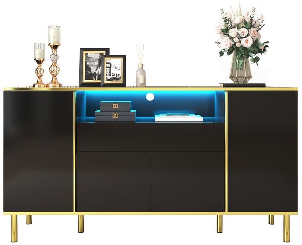 Merax Sideboard in Hochglanz mit LED- Beleuchtung (1 St), Kommode mit Schublade & 4 Türen,Anrichte mit goldenen Akzenten,B:150cm