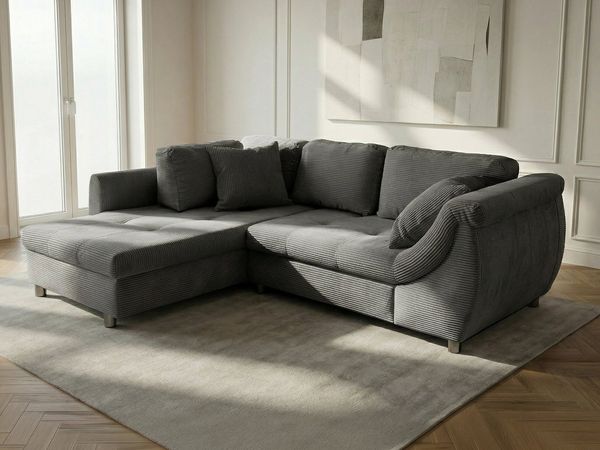 Massivart® Ecksofa Cord mit Bettfunktion / 250x190 cm / mit Bettkasten »LUNARO«, Nosagfederung · Schlaffunktion · Metallfüße · Kissen-Set