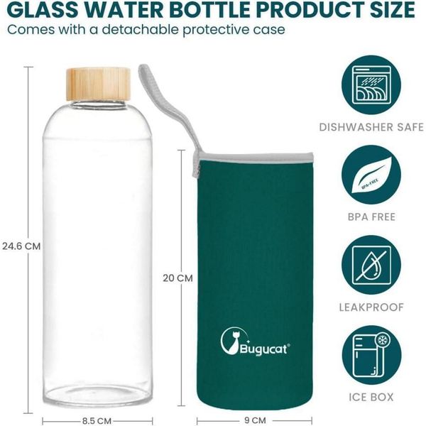Bugucat Glasflasche 1 Liter Trinkflasche Borosilikat Glas Schutzhülle Bild 2