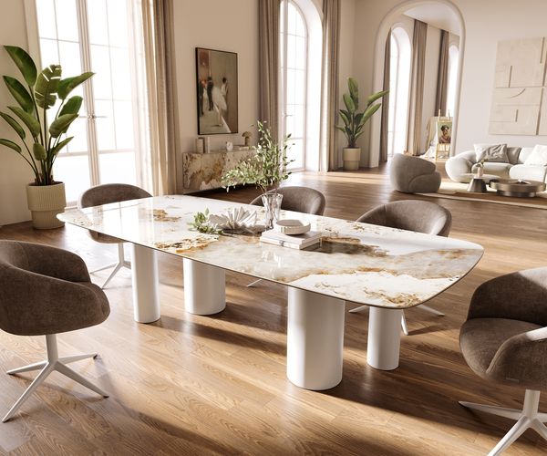 Esstisch Edge Boot 260x120 cm Keramik Minas Melange Weiß-Beige Pilier Metall Weiß