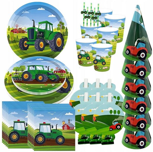 partydeco Pappteller Öko-Geburtstagsset Traktor-Farm: Teller, Becher, Servietten