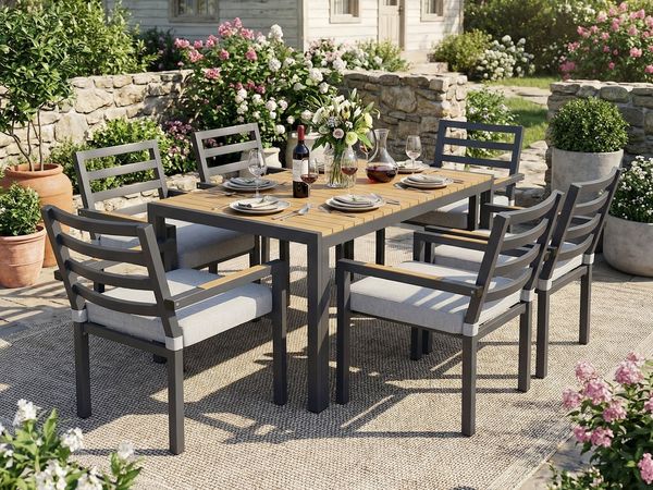 KLAM HOME Garten-Essgruppe Gartenmöbel-Set 6 Personen Grau, Tisch + 6 Stühle verzinktes Eisen, (Garten-Essgruppe mit Kunststoffholz-Tischplatte & Armlehnenstühlen), Outdoor Essgruppe 6-Sitzer stabil aus verzinktem Eisen