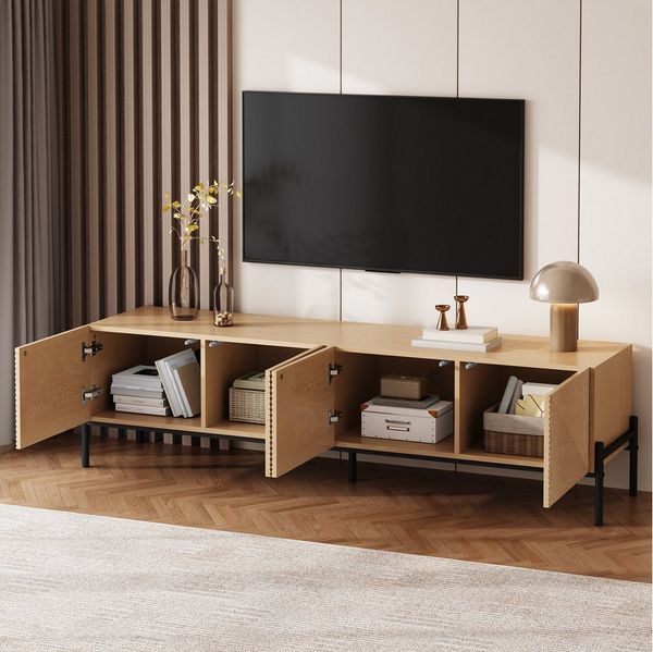 MODFU TV-Schrank Schafft unsichtbare Ordnung: Lowboard mit Kabelmanagement (Packung, 1-St, In MDF mit 3D-Textur, 4 Türen, 163,5x45x40 cm) Modernes TV-Möbel für technikfreundliches und sauberes Design
