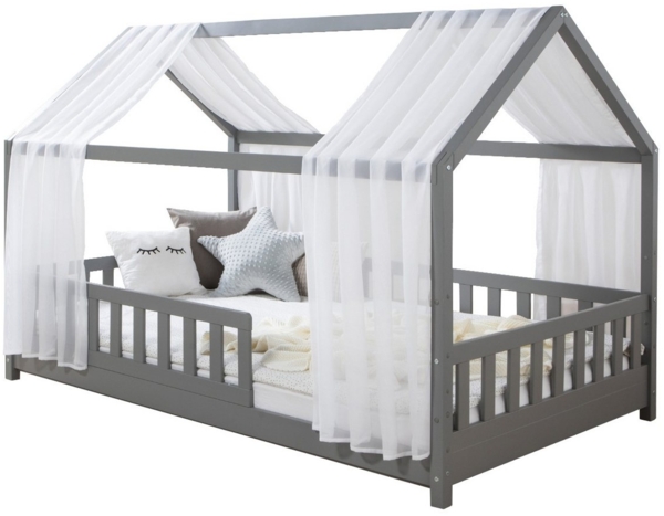 Ticaa Hausbett Kim mit Rausfallschutz aus Kiefer, Kinderbett 120x200, inkl. Tüll-Set, mit Rollrost Bild 5