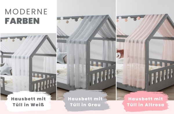 Ticaa Hausbett Kim mit Rausfallschutz aus Kiefer, Kinderbett 120x200, inkl. Tüll-Set, mit Rollrost Bild 2
