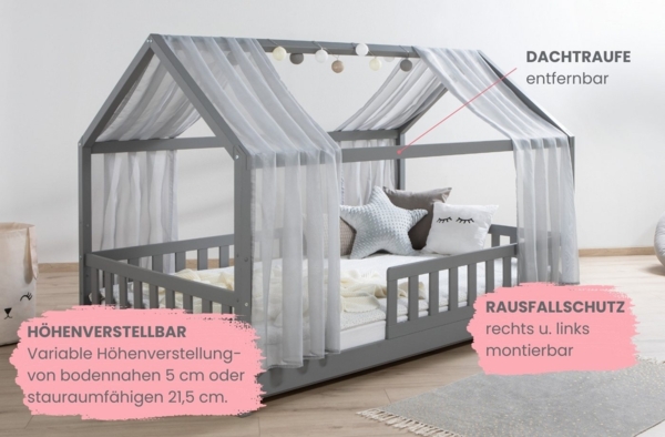 Ticaa Hausbett Kim mit Rausfallschutz aus Kiefer, Kinderbett 120x200, inkl. Tüll-Set, mit Rollrost Bild 3