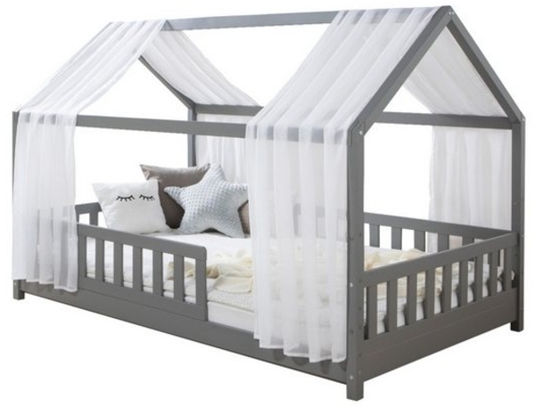 Ticaa Hausbett Kim mit Rausfallschutz aus Kiefer, Kinderbett 120x200, inkl. Tüll-Set, mit Rollrost Bild 4