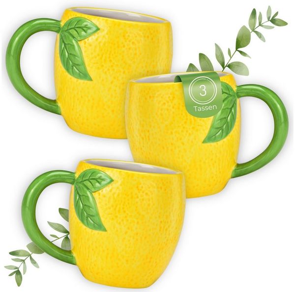 matches21 HOME & HOBBY Tasse Kaffeetassen Zitrone, 3er Set Teetasse mit Henkel, 3-tlg, Porzellan, Gelbe 3D Frucht Kaffeebecher 360 ml