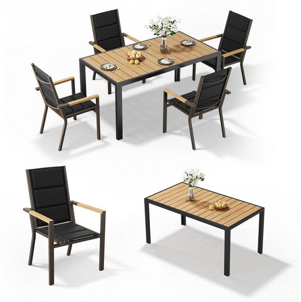 HOMALL Garten-Essgruppe 150/180cm Holzoptik Aluminiumtisch und Gartenstühle mit Holzarmlehnen, (5-tlg), Stapelbare Gartenstühle bis 160kg, rostfreier Aluminiumtisch bis 100kg