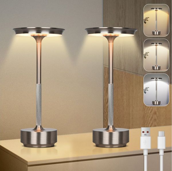 Lapalife LED Nachttischlampe LED Tischlampe Kabellos Akku, Dimmbar, 3 Farbtemperatur, LED fest integriert, Silber Tischleuchte USB Aufladbar für Nachttisch Esstisch Schreibtisch