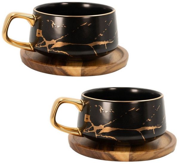 Intirilife Tasse, 2-tlg, Keramik, 2x Kaffeetasse Teetasse Keramik 200ml Tassen Set Untersetzer Becher
