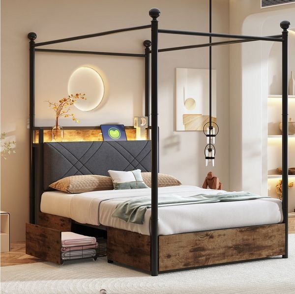 Flieks Himmelbett, Stauraumbett Metallbett 90x190cm mit 2 Schubladen, LED und USB/Typ-C