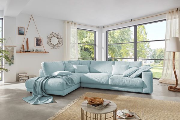 KAWOLA Sofa MADELINE Ecksofa Cord hellblau Recamiere links 86 x 224 x 325 cm