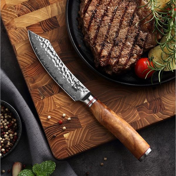 ZAYIKO Steakmesser Minami Damast Steakmesser 12 cm Klinge Olivenholzgriff Holzbox
