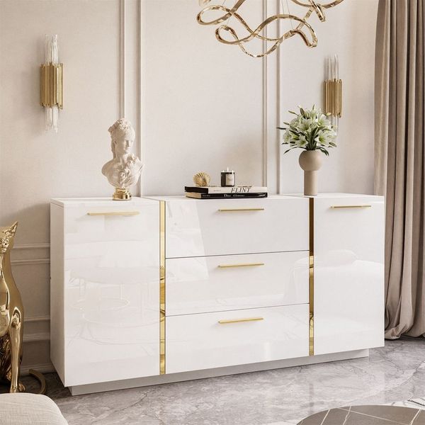 Lookway Kommode ONYX Hochglanz mit Goldgriffe, Breite: 158 cm