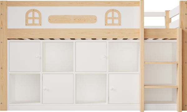 Halbhohes Bett, Maße 90 x 200 cm, mit Kreidetafel, mit Ablagefächern und Leiter, ohne Matratze, Weiß + Natur Bild 7