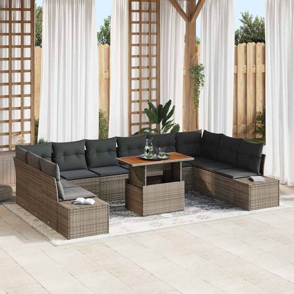 vidaXL Garten-Sofa-Set mit Speicher 11 pcs Grau Poly Rattan 3358750