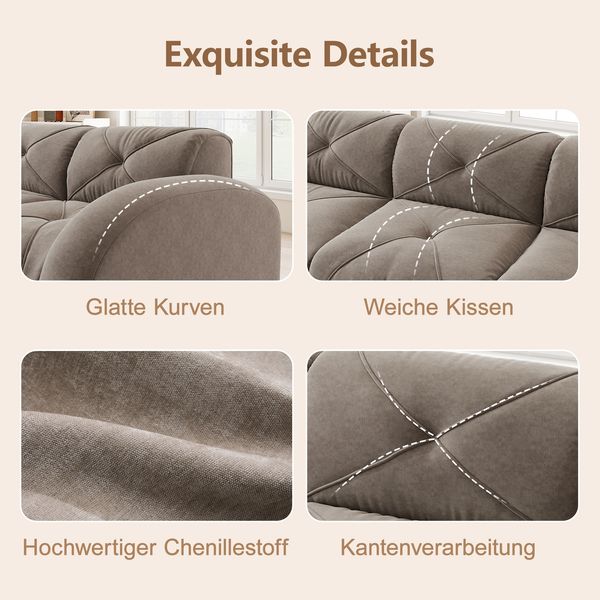 Flieks Modulares Sofa 3-Sitzer, Cloud Sofa mit runden Armlehnen, Chenille weich, rahmenlos bodennah, Lounge Sofa, Braun Bild 6