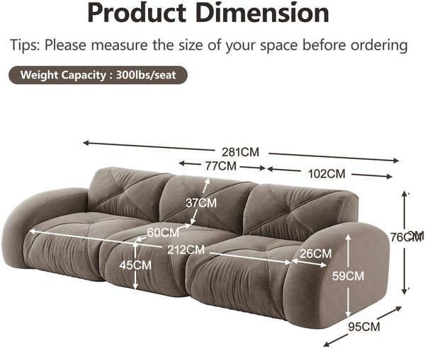 Flieks Modulares Sofa 3-Sitzer, Cloud Sofa mit runden Armlehnen, Chenille weich, rahmenlos bodennah, Lounge Sofa, Braun Bild 4