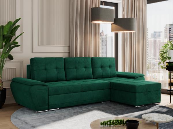 Universelles Ecksofa mit Schlaffunktion, Bettkasten und losen Kissen, gesteppte Sitzfläche - UMBRIA - Dunkelgrün Velvet