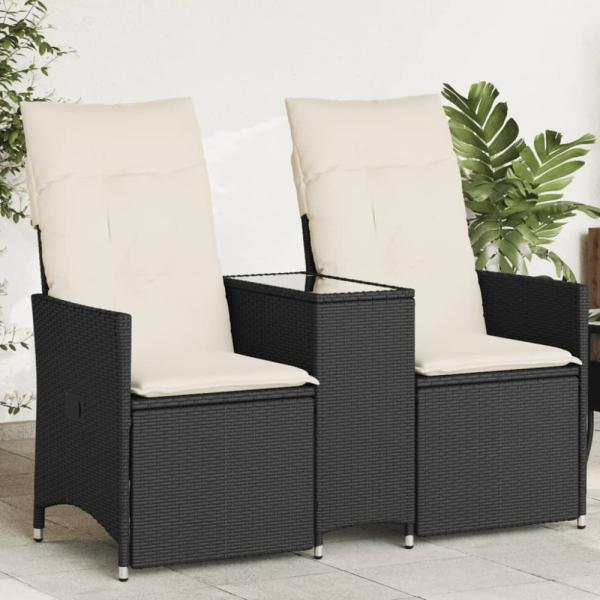 vidaXL Gartensofa 2-Sitzer Verstellbar mit Tisch Schwarz Poly Rattan 365710