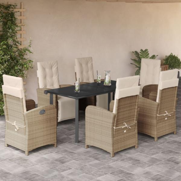 vidaXL 7-tlg. Garten-Essgruppe mit Kissen Beige Poly Rattan 3212581
