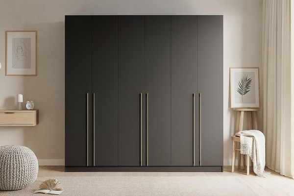 Deine Möbel 24 Kleiderschrank MIRELO 6-türig Drehtürenschrank mit goldfarbenen Griffen 230x210x57 cm (Set, 1-St, Einzelmöbel – frei kombinierbar mit weiteren Möbeln der Serie MIRELO) in Weiß Matt, Schwarz Matt und Cashmere