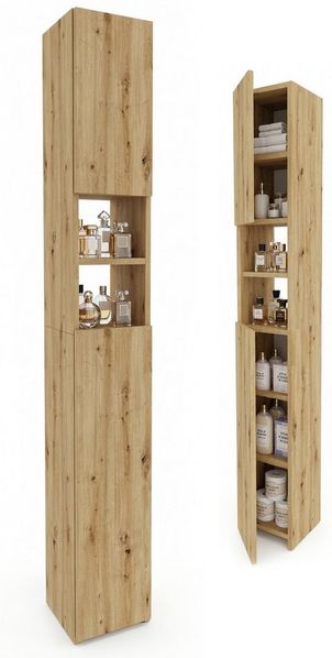 TREND WERK Hochschrank Badschrank schmal stehend B24 x T31 x H172 cm (Schmaler Badezimmerschrank mit Regalfächern & Stauraum) Holzoptik, offene & geschlossene Fächer, Standregal Bad, platzsparend