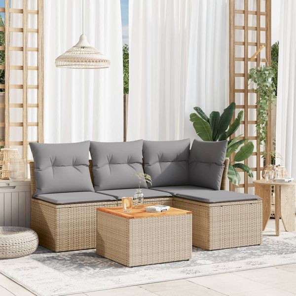 vidaXL 5-tlg. Garten-Sofagarnitur mit Kissen Beige Poly Rattan 3255926