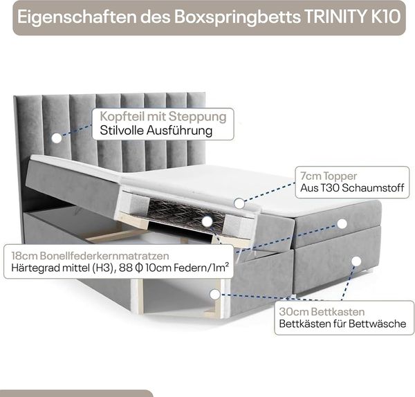 Best for Home Boxspringbett mit Bettkasten Trinity K-10 Bonellfederkern inkl. 7 cm Topper (140x200 160x200 180x200 200x200 cm), inkl. Lieferung, Aufbau & Entsorgung, TOP- Preis-Leistungs-Verhältnis Bild 5