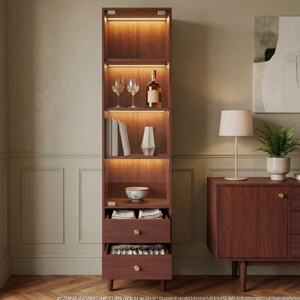 BBWL Vitrine mit LED-Beleuchtung, Bücherschrank aus Holz, Glastür & 2 Schubladen (Vitrinen-Hochschrank, Retro-Design mit goldfarbenen Griffen)
