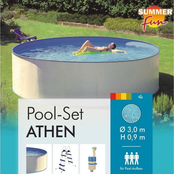 SUMMER FUN Rundpool Stahlwandpool Set (3-teilig) rund Athen 300x90 cm, (Komplett-Set, 1-tlg), verzinkte Stahlwand