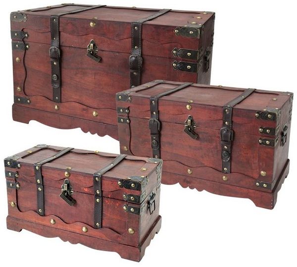 HMF Schatzkiste Schatztruhe aus Holz, große Schatzkiste mit dekorativem (3er Set), Schloss für Kindergeburtstag in drei versch. Größen, Frankreich