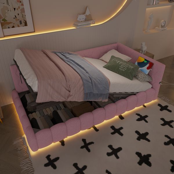 Daybett mit LED-Lichtleiste, USB-Anschluss & Stauraum, 90x200 cm, Rosa, ohne Matratze