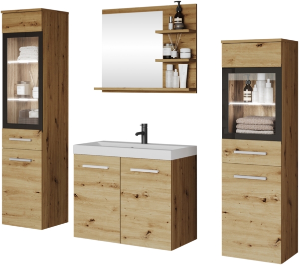 Badmöbel-Set Madrit I (Farbe: Artisan Eiche, mit Siphon, mit weißer LED Beleuchtung)