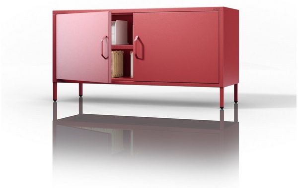 Jan Nowak TV Schrank, Fernsehschrank Metall - ROSA | TV Board Glitzernd für Wohnzimmer, Schlafzimmer | Industrial Loft Stil | Fernsehtisch mit Türen und Stauraum | 115 x 59,5 x 40 cm | Rot