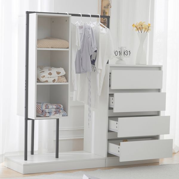 Schubladenschrank mit Kleiderstange, Sideboard, Weiß + Schwarz, B140 x T40 x H135 cm