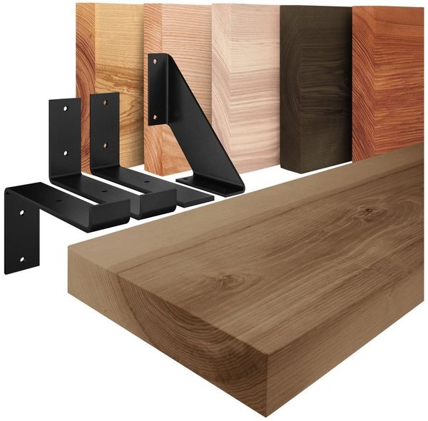 LAMO Manufaktur Wandregal Holz Gerade Regal Farbe: Nussbaum mit schwarzem Basic 40 cm, Komplett-Set, 40mm stake Massivholzplatte