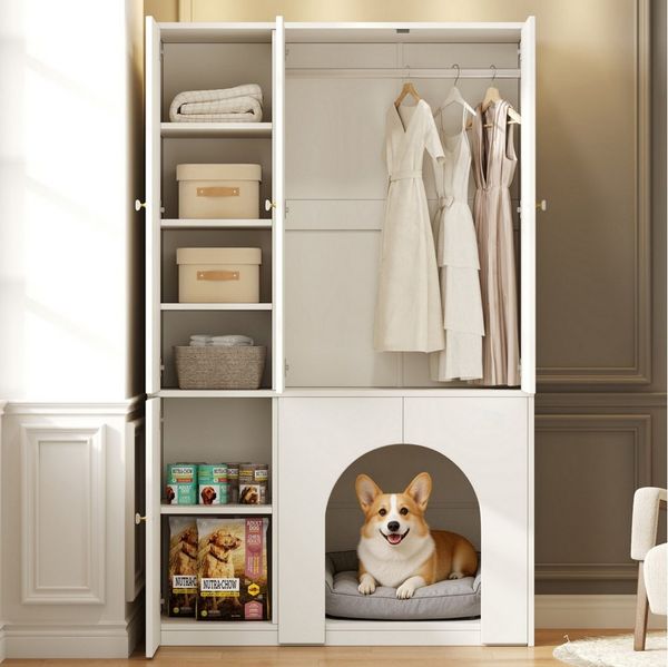 STILVORA Kleiderschrank 3-türiger Kleiderschrank Aufbewahrungsschrank mit Kleiderstange (Kleiderschrank 3-türig, mit Haustierbereich, Stange, Fächer, Holzwerkstoff, stabil, Kippschutz, 120×50×200cm, mehrzonig) für Schlafzimmer, Wohnzimmer, kleine Räume