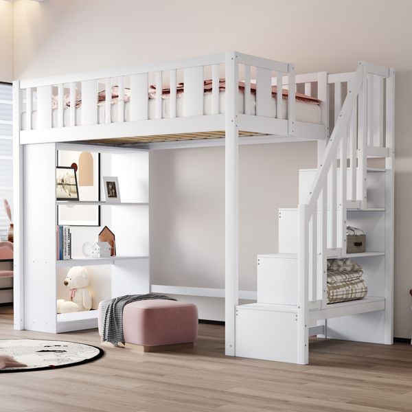 Hochbett 90 x 200 cm, Kinderbett mit Stauraumtreppe, Hochbett mit mehreren großen Staufächern, Funktionsbett, Kinderbett, Jugendbett, Holzbett, Weiß (ohne Matratze)