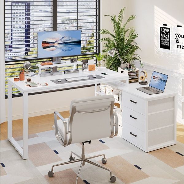 HOMALL Schreibtisch L-förmiger Eckschreibtisch mit USB-Anschluss und zwei Steckdosen. (140 x 100 x 75 cm, mit Monitorständer und Beleuchtung, L-förmiger Schreibtisch/Gaming-Tisch, umwandelbar in einen I-förmigen Schreibtisch, mit drei Schubladen und zw...
