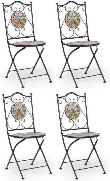 Casa Padrino Jugendstil Gartenstuhl 4er Set Schwarz / Mehrfarbig 39x47 x H. 92 cm - Klappbare Stühle mit Keramik Platten - Nostalgische Garten & Gastronomie Möbel