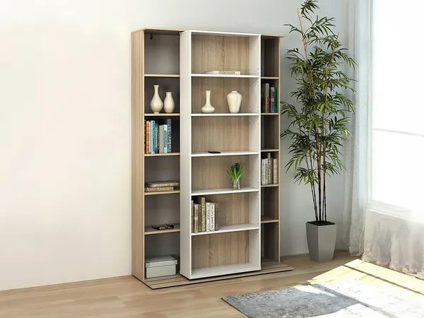 Vente-unique - Bücherregal Schieberegal mit 18 Ablagen - Weiß & Eichefarben - PRALI