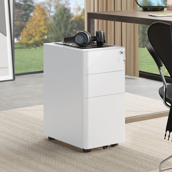 YITAHOME Rollcontainer mit 3 Schubladen, Metall Abschließbar Aktenschrank für A4, Legal, Letter, Mobiler Büroschrank mit Rollen für Home-Office, Hängeregistratur, 45 x 30 x 61 cm, Weiß