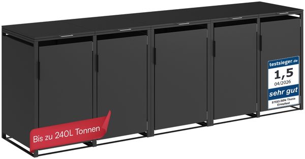 STEELSØN 'Thoria' Mülltonnenbox 5er je 240 Liter, graphitschwarz, Mülltonnenverkleidung aus Stahl, wetterfest, 116x80x332 cm, Müllbox für 5 Tonnen